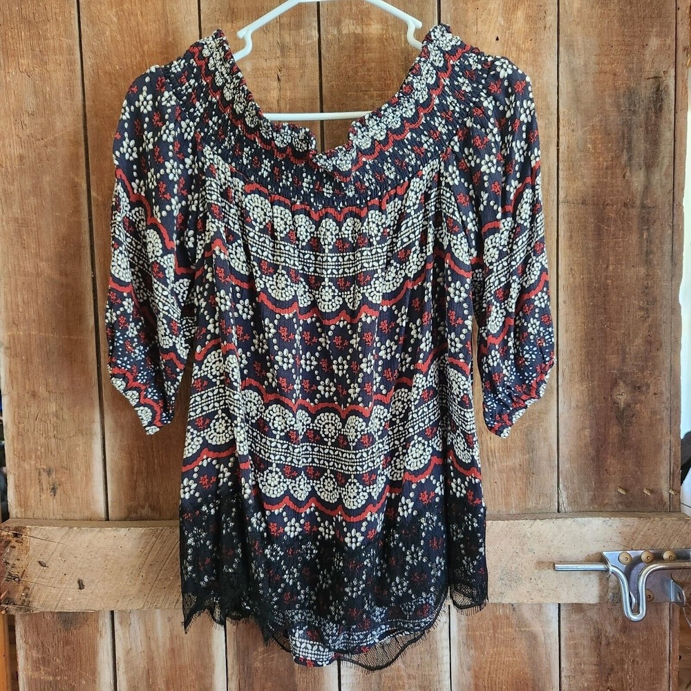 Knox Rose Boho Off Shoulder Peasant Top Lace Trim Floral Flowy Blouse M